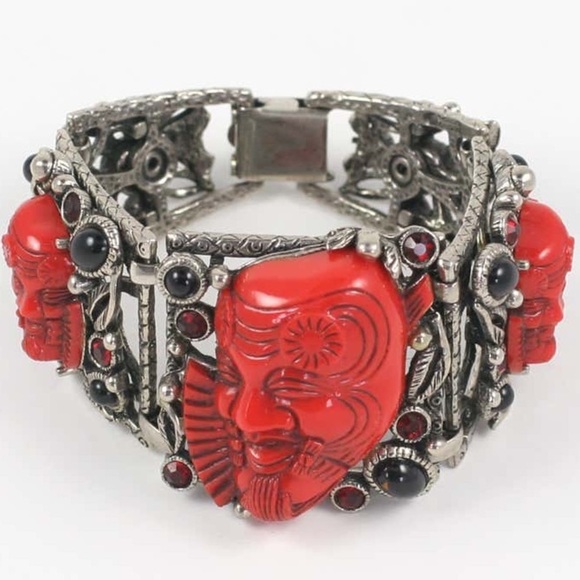 VINTAGE Selro Red Devil Bracelet Japanese Theater Okina Noh Mask Red Warrior - Picture 1 of 10